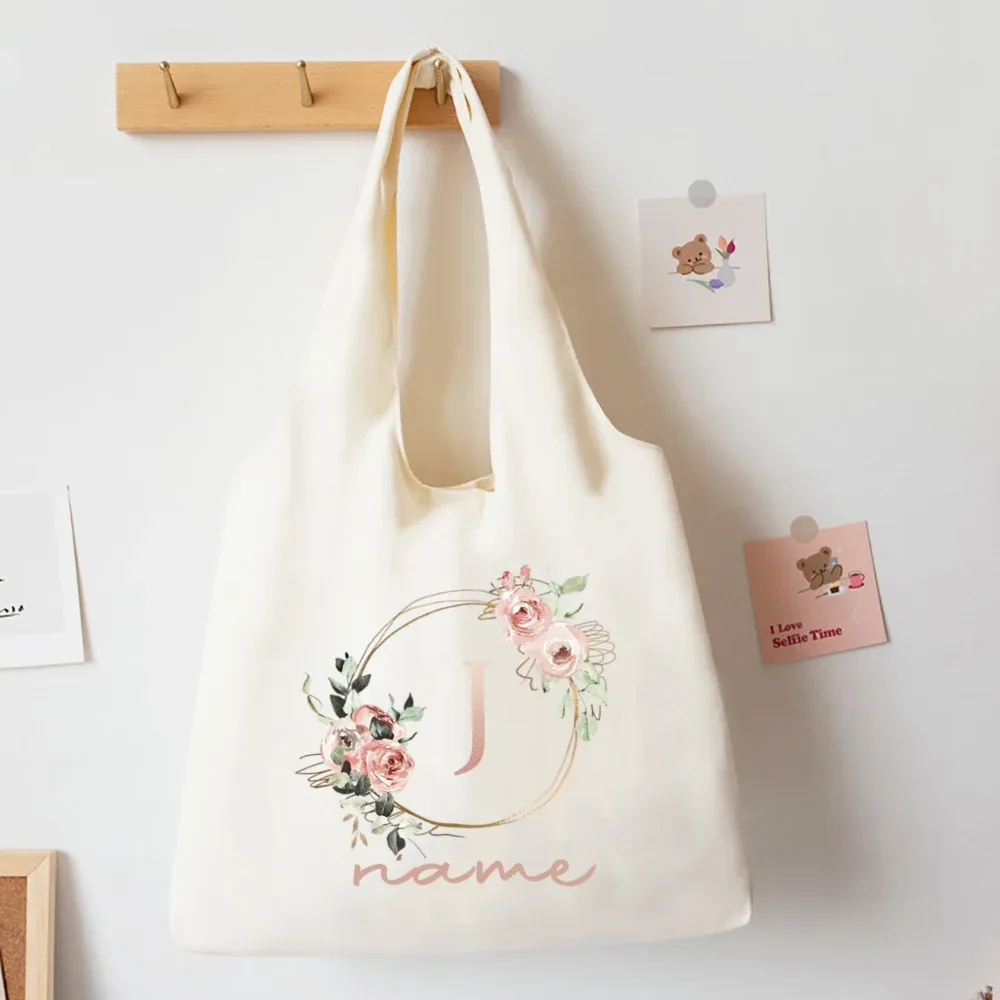 sac fourre-tout imprimé alphabet floral avec nom personnalisé, sacs à main portables en toile de grande capacité, meilleurs cadeaux d'anniversaire de noël
