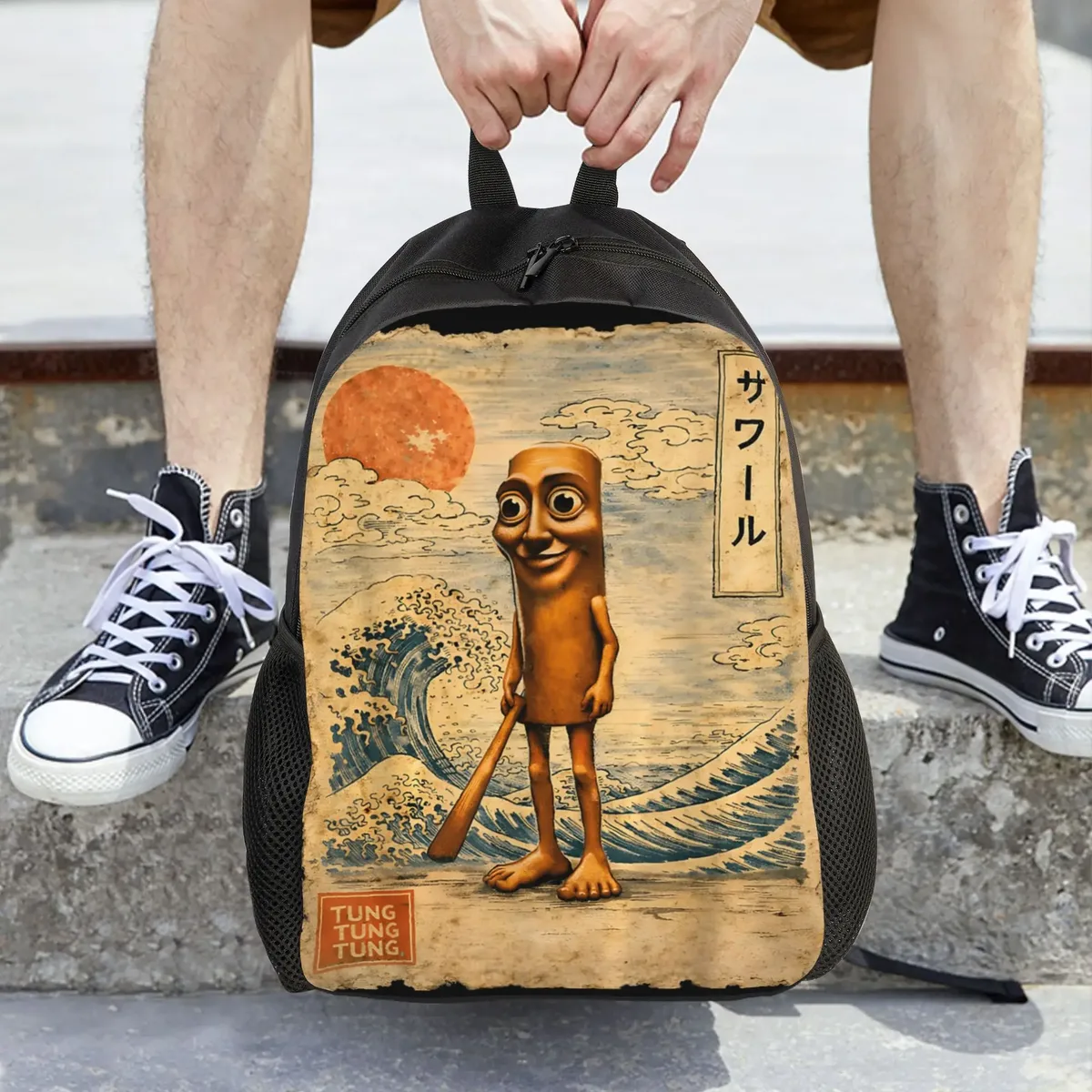 sac dos polyester dessin animé personnage souriant onde soleil bleu beige noir 20 35 litres pliable extensible plastique souple décontracté voyager ecole