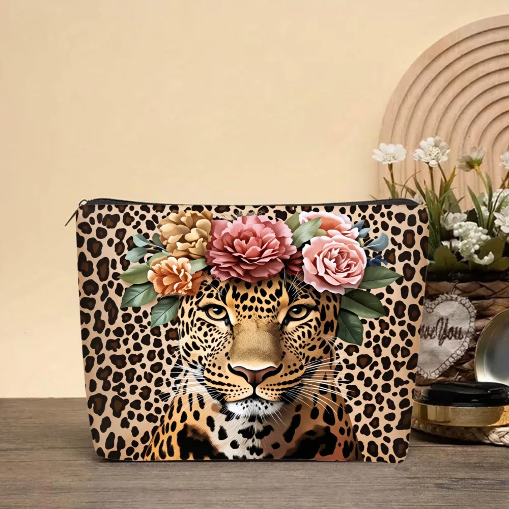 sacs de maquillage à motif léopard avec couronne florale pour filles, pochette à cosmétiques, trousse de toilette, trousse à crayons, rangement de voyage