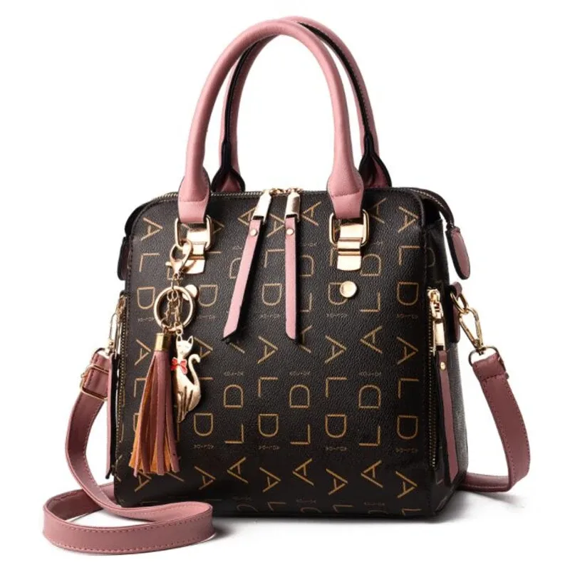 sac à main en cuir pu avec lettres anglaises pour femmes, sac à poignée supérieure avec pompon, sac à bandoulière de luxe de grande capacité, fourre-tout design