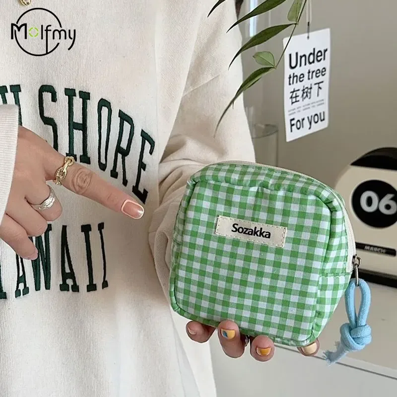 mini sac à cosmétiques à carreaux pour maquillage, couleur bonbon, sacs de rangement pour serviettes hygiéniques, portefeuille en tissu de coton, pochette, nouveau 2025