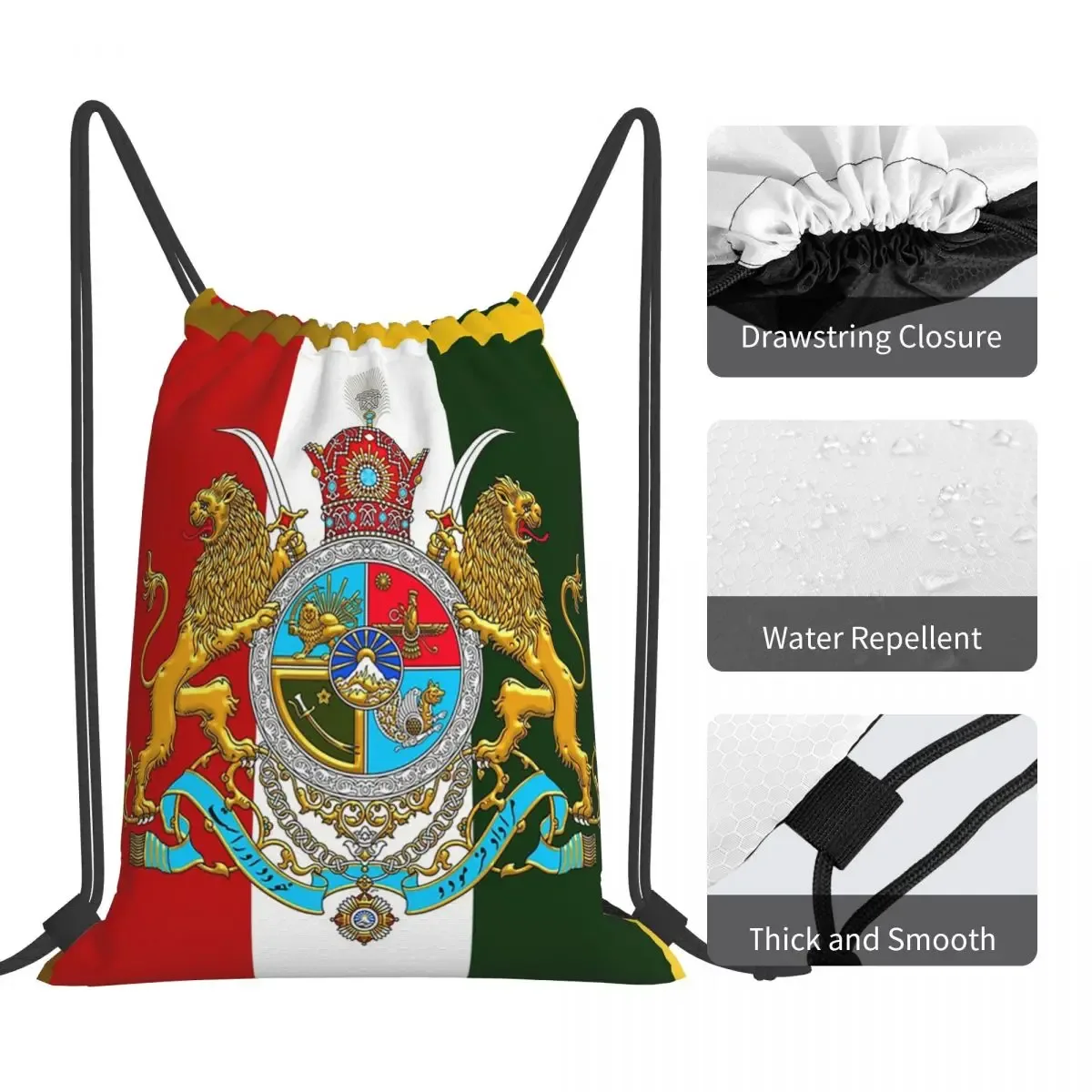 sac à dos avec emblème du drapeau de l'iran, soleil et lion de perse, sacs à cordon de serrage à la mode, sacs de rangement, sacs à livres pour étudiants en voyage