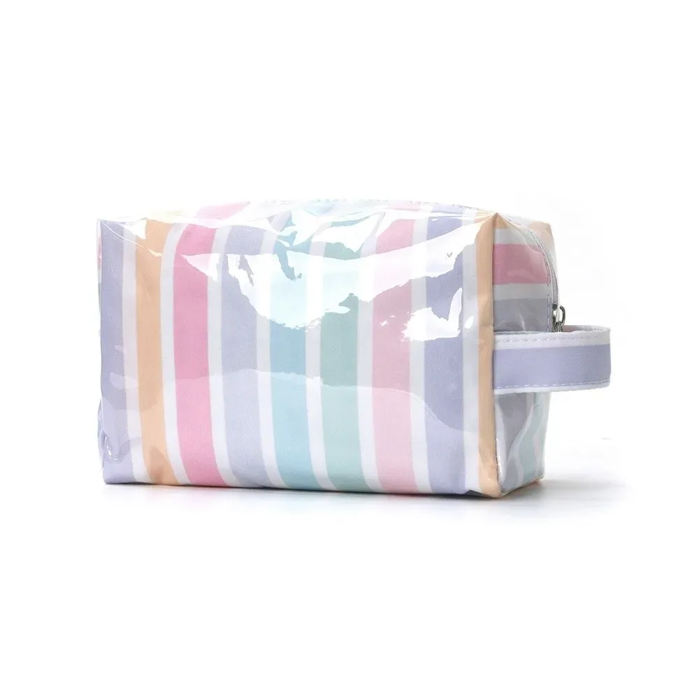trousse de toilette rayée imperméable rose simple sac de rangement cosmétique de voyage grande capacité portable organisateur de maquillage en pvc plage