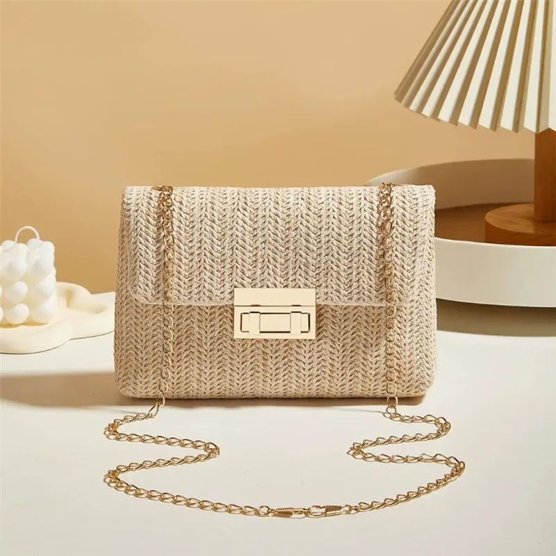 sac à bandoulière tissé à la main en paille pour femmes, sac à main à bandoulière de couleur unie avec fermeture à serrure