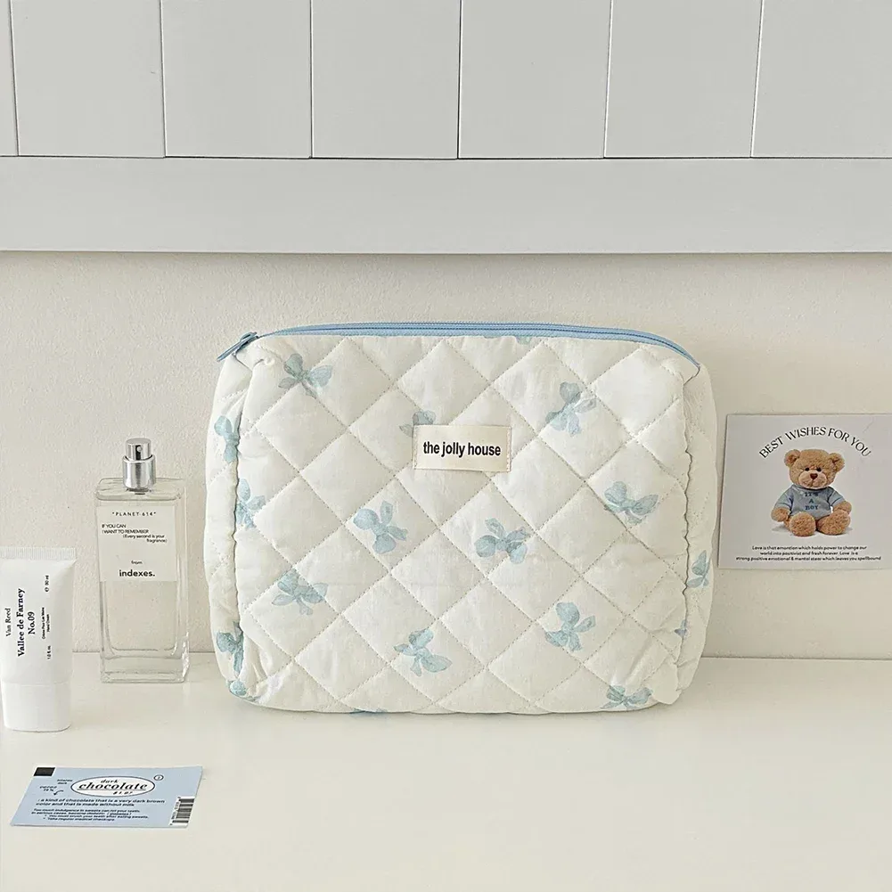 trousse de maquillage en coton matelassé pour femmes, trousse de toilette portable pour filles, trousse de maquillage à fermeture éclair, trousse de toilette à nœud mignon, sac à main pour gril à fleurs