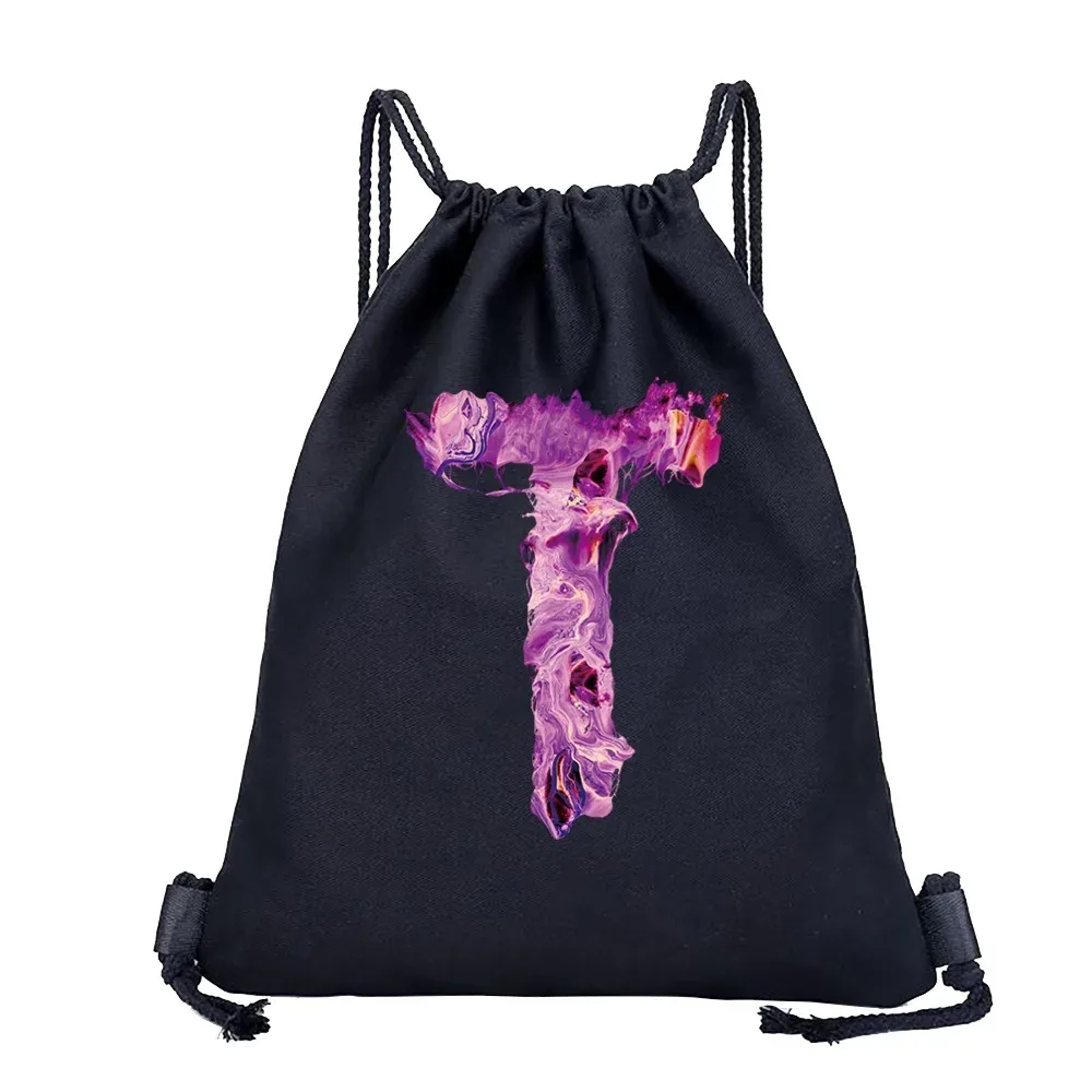 sac dos lin noir motif multicolore compact pliable cordon serrage poignées souple grande capacité sports plein air harajuku polyvalent