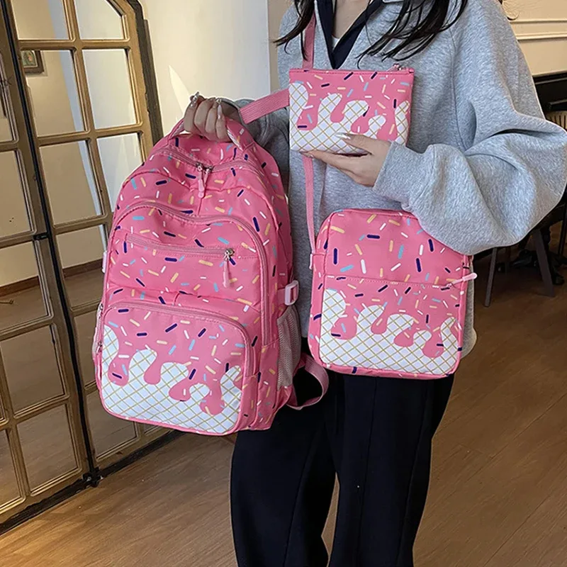 sac dos polyester motifs glace fond rose bleu violet conception uniforme poches lateral fermeture glissière imperméable poche integree femme voyage