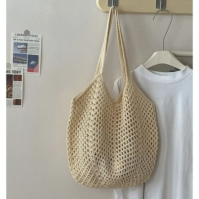 nouveau sac à bandoulière décontracté en coton tricoté grande capacité, style paresseux, avec motif ajouré en paille, pour femme, idéal pour les vacances et la plage