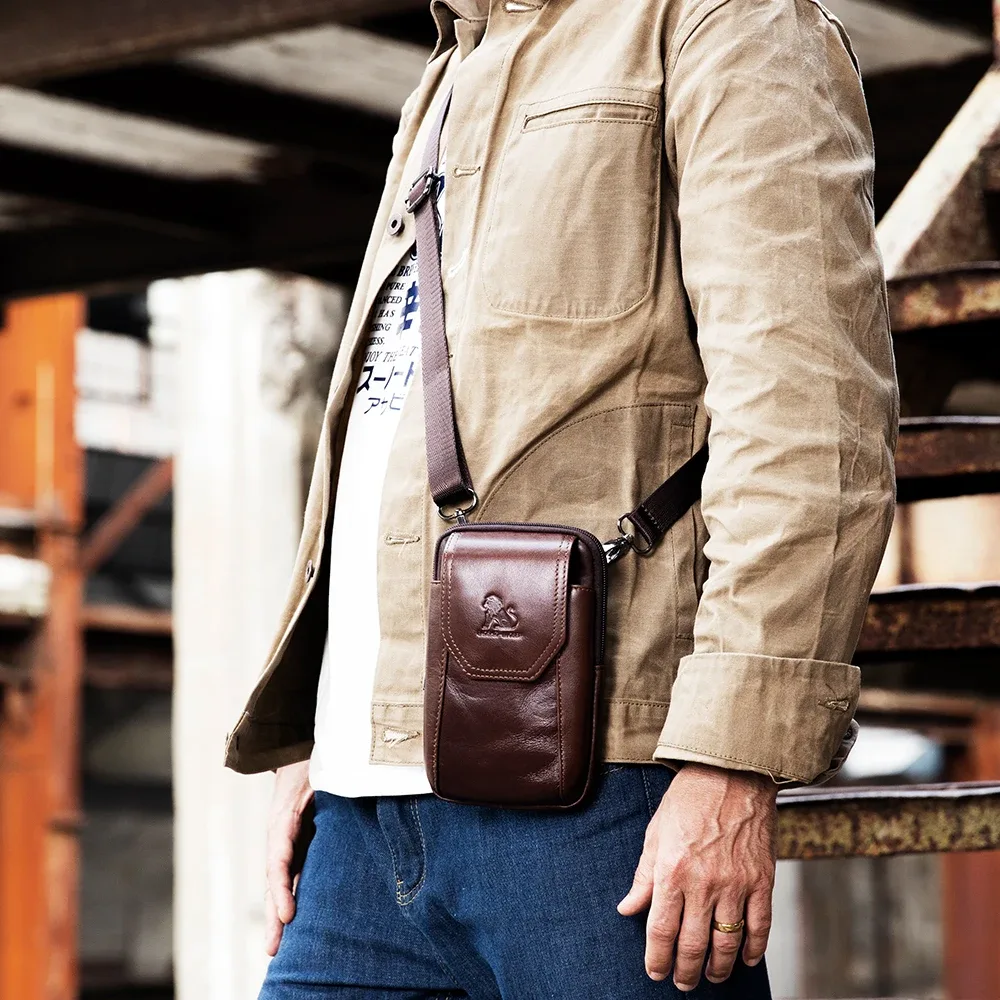 sac banane en cuir véritable authentique pour homme, style usé avec crochets, sacoche pour téléphone