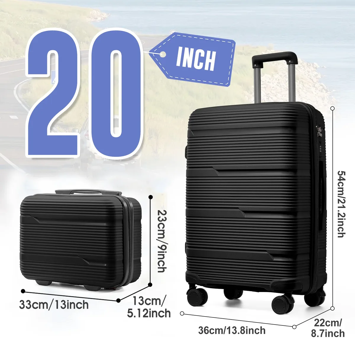 valise de voyage à roulettes, valise d'embarquement à main, ensemble de cabine avec étui à cosmétiques, roues tournantes, valise à roulettes de voyage, 13 ", 20"