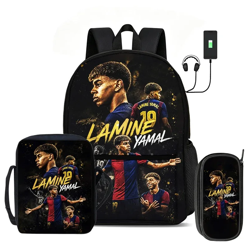 l-lamin yamal ensemble de 3 pièces : sac à dos, sac à bandoulière, trousse à crayons, sac à dos de sport pour enfants, motif star de football