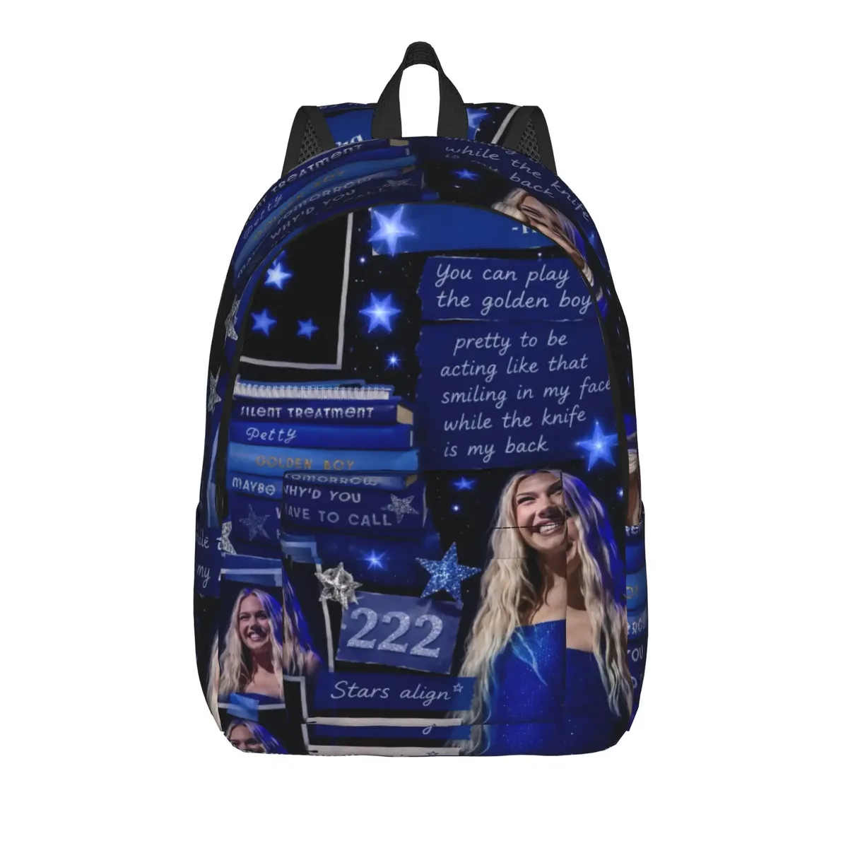 sac à dos freya skye avec patchwork photo et texte bleu, sacs à dos modernes pour garçons, sacs de randonnée souples, sacs d'école secondaire, sac à dos de créateur