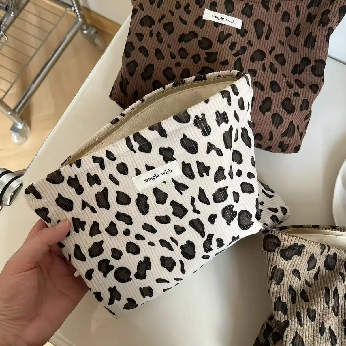 trousse de maquillage rétro en velours côtelé motif léopard, rouge à lèvres, organisateur de cosmétiques, sac à fermeture éclair, sac de lavage et de rangement de voyage pour femmes