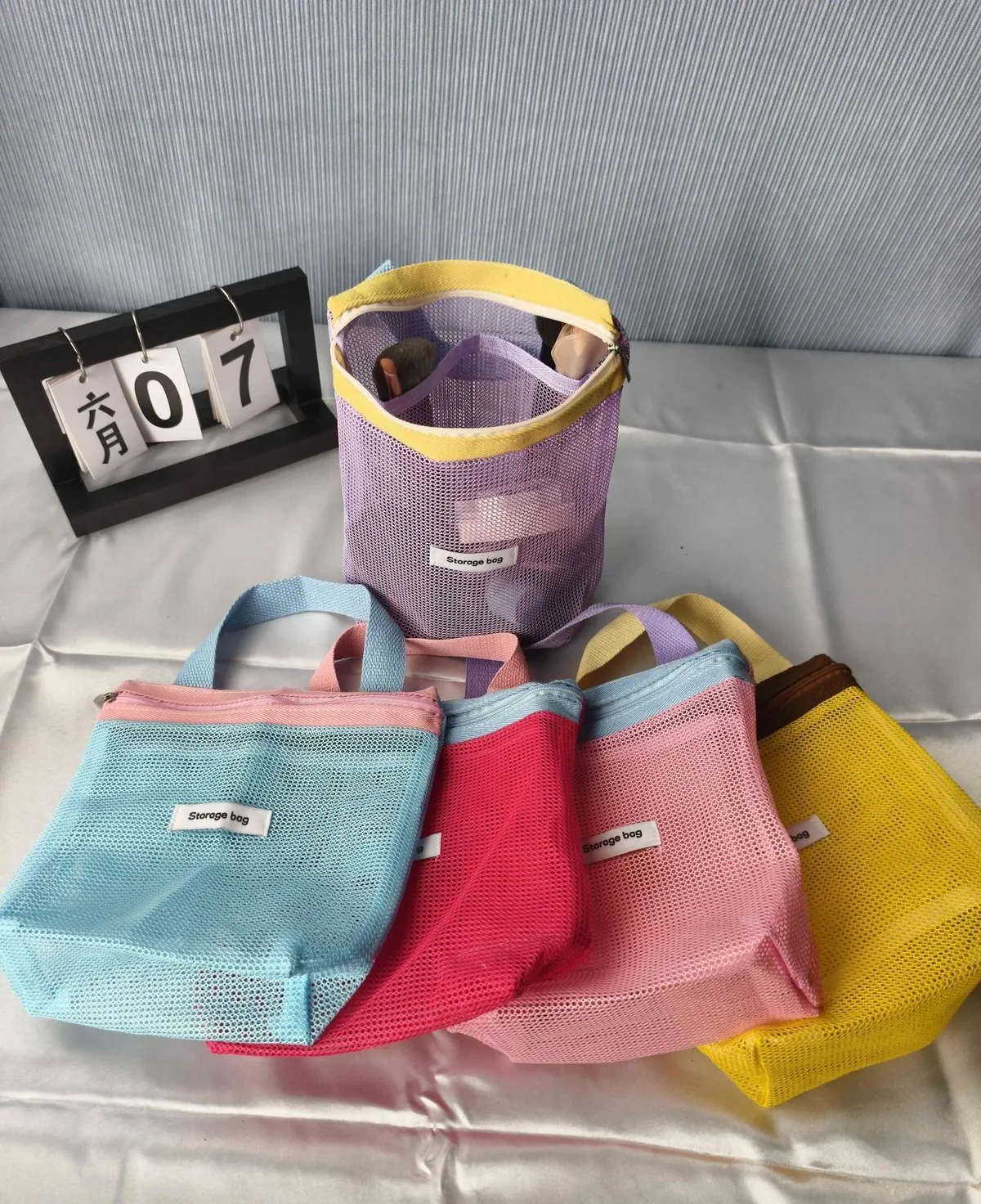ins style – sac fourre-tout en maille de couleur vive et vibrante, petit sac à cosmétiques, sac à main pliable, trousse de toilette portable, sac de plage pour femmes