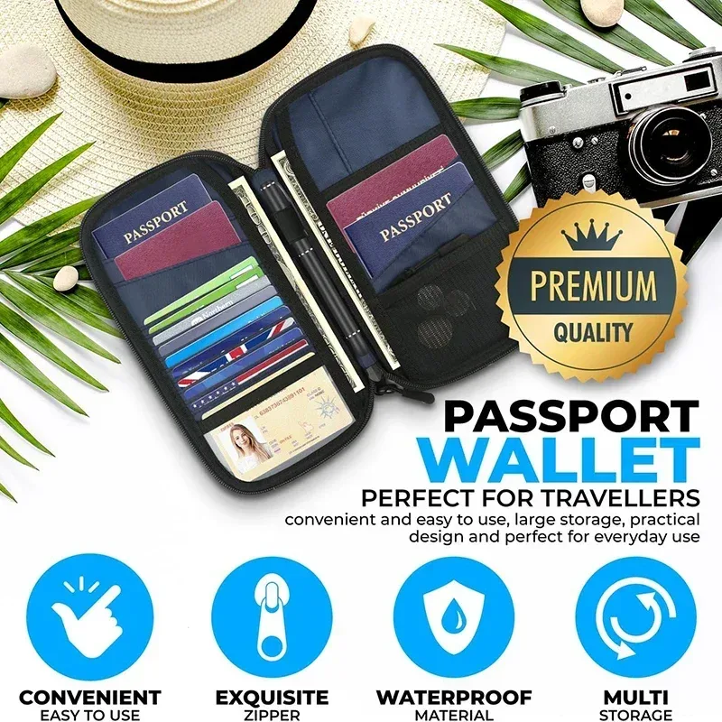 pochette voyage polyester bleu compartiments documents billets cartes porte monnaie bloc rfid organisateur famille transport pratique