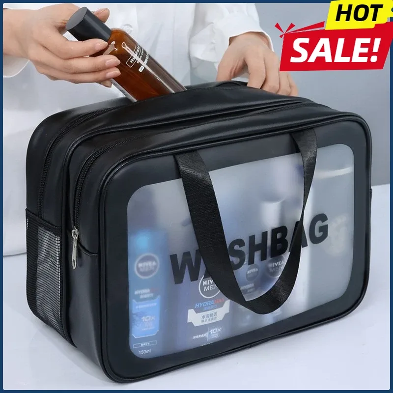 sac de maquillage en pu double transparent, séparation sèche-humide, sac de lavage portable, sac de rangement de cosmétiques, voyage fitness, essentiels de natation