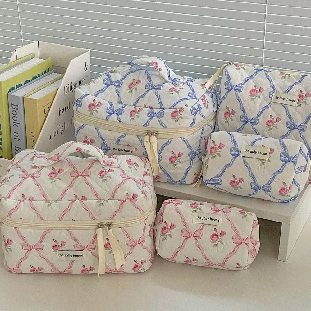 trousse de maquillage matelassurera pour femme, trousse de toilette portable pour filles, sac à main à glissière, mignon, nœud de fleur, évaluation cosmétique, grill féminin