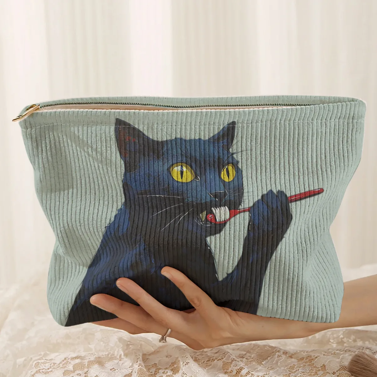 1 pièce, trousse de maquillage en velours côtelé à motif de chat noir, boîte de rangement légère à fermeture éclair, sac multifonctionnel avec doublure