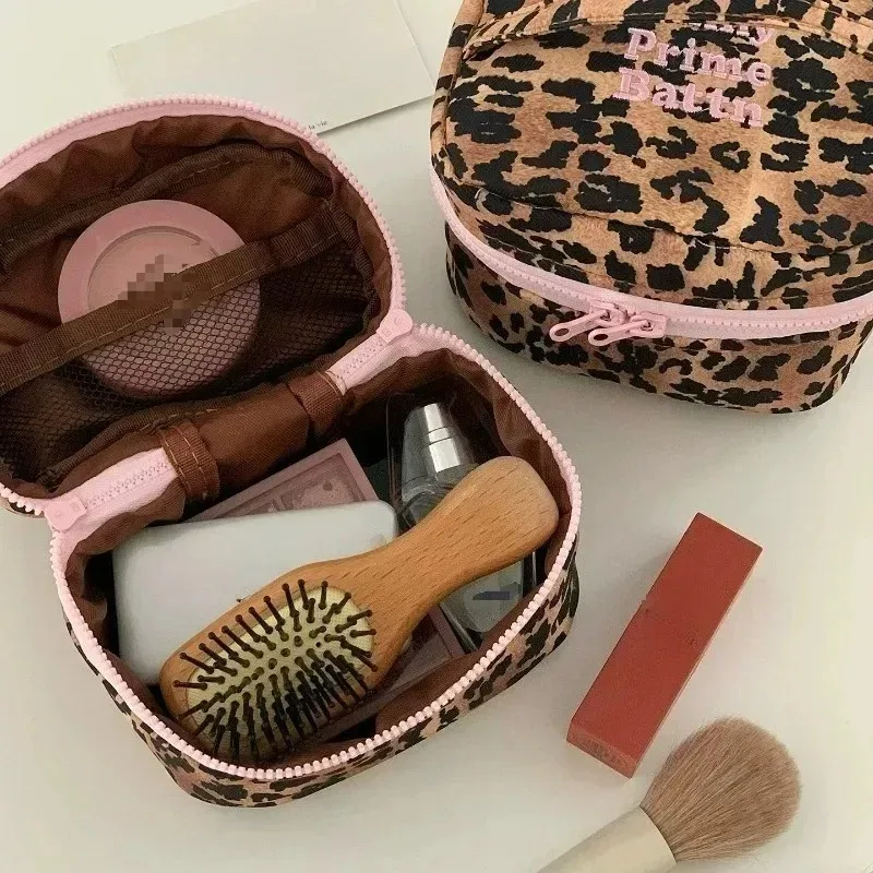 sac de maquillage imprimé léopard rose pour femmes, petit sac de voyage portable, organisateur de cosmétiques, trousse de toilette, grande capacité de rangement