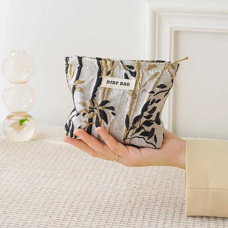 trousse de maquillage pour femmes, imprimé noble, fleurs dorées, grande capacité, rouge à lèvres, coussin d'air, sac de rangement, trousse de toilette de voyage portable