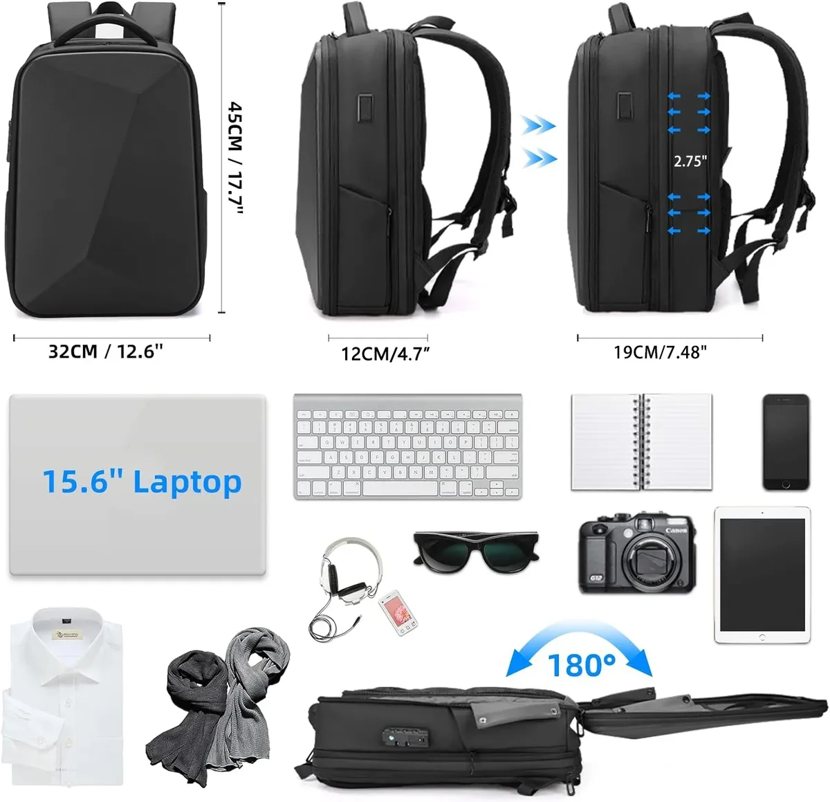 sac à dos pour ordinateur portable 15.6 pouces pour homme, sac de voyage extensible, sac d'affaires antivol étanche, chargement usb, sac à coque rigide abs