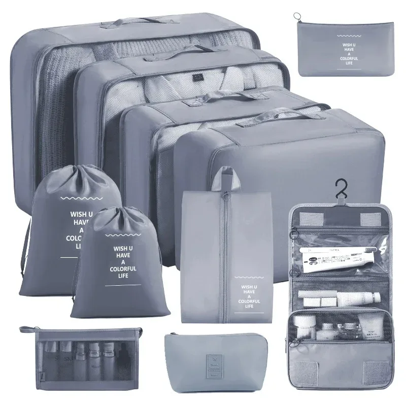 organisateur voyage polyester beige compartiments zippés poches intérieures cube sac compression chaussures pochettes housse vêtements