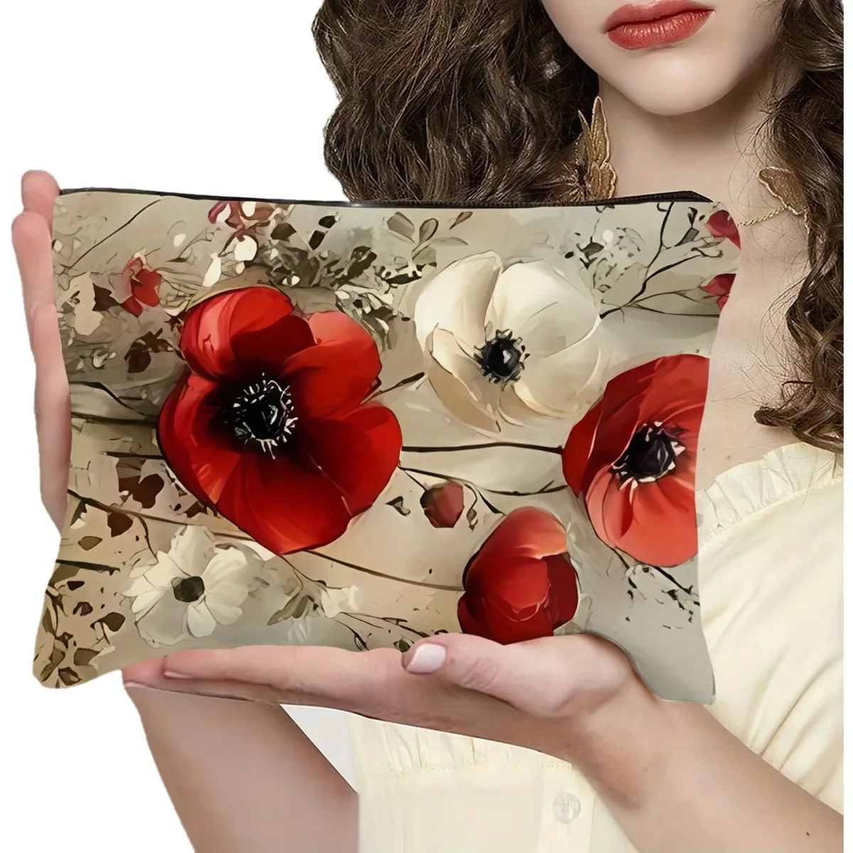 trousse à cosmétiques florale élégante – organisateur de maquillage en tissu durable avec coquelicots rouges et blancs, rangement léger et compact pour voyage et maison