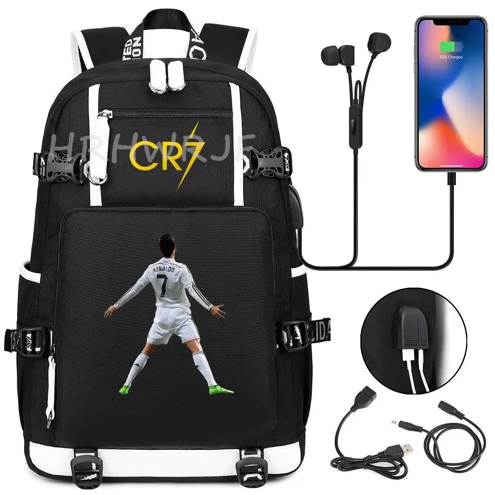 sac à dos usb cr7 pour superstars du football, sac de voyage pour ordinateur portable, sacs d'école noirs pour hommes, sacs d'école pour étudiants, mochilas, cadeau