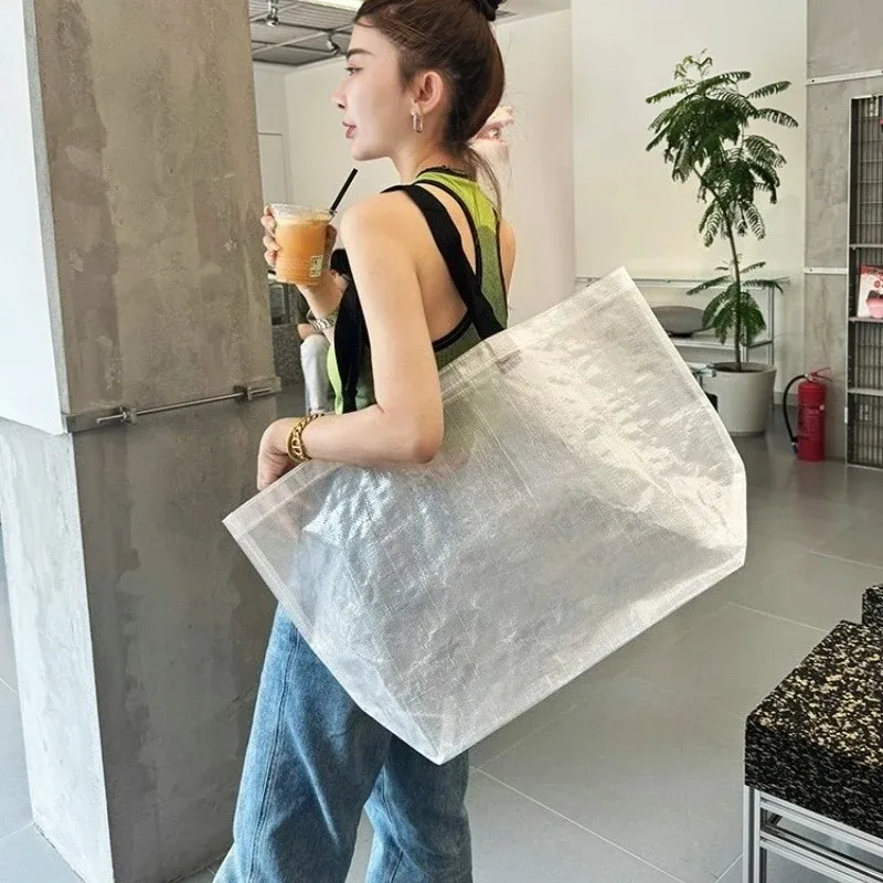 sac fourre-tout tissé transparent, pliable, réutilisable, étanche, pour épicerie, voyage, plage d'été, sac à bandoulière écologique