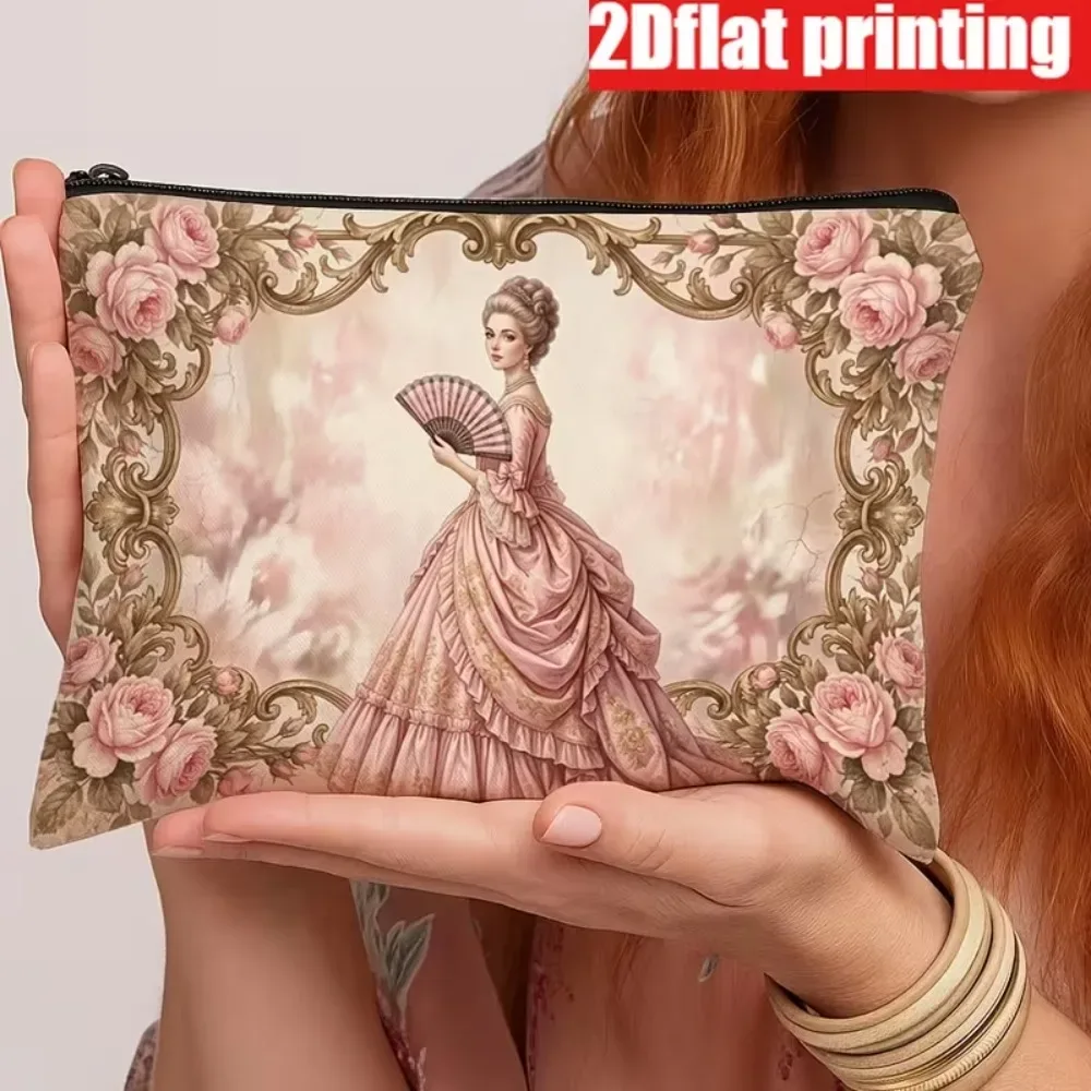 pochette cosmétique vintage rococo pour femme, imprimée en 2d sur toile, pochette à fermeture éclair, cadre rose victorien, sac de maquillage portable de voyage