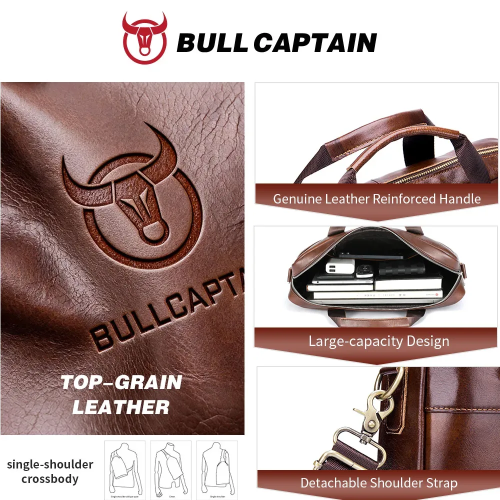 porte documents cuir verte bull cowhide polyester intérieur informatique fermeture éclair bandoulière détachable marron noir voyage travail