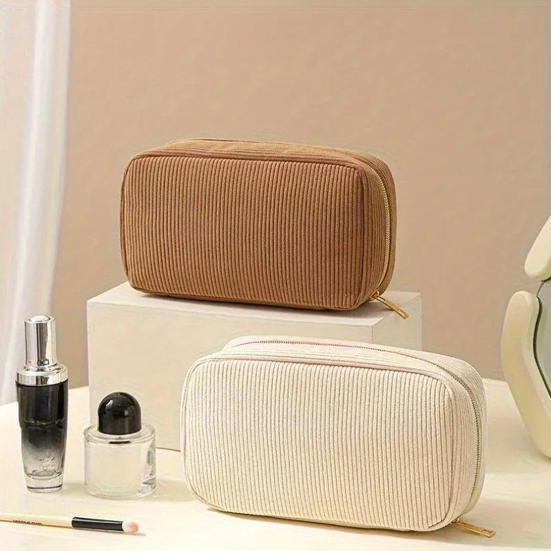 trousse de maquillage grande capacité en velours côtelé doux, sac à main portable quotidien, parfait pour rangement cosmétique et cadeau de fêtes