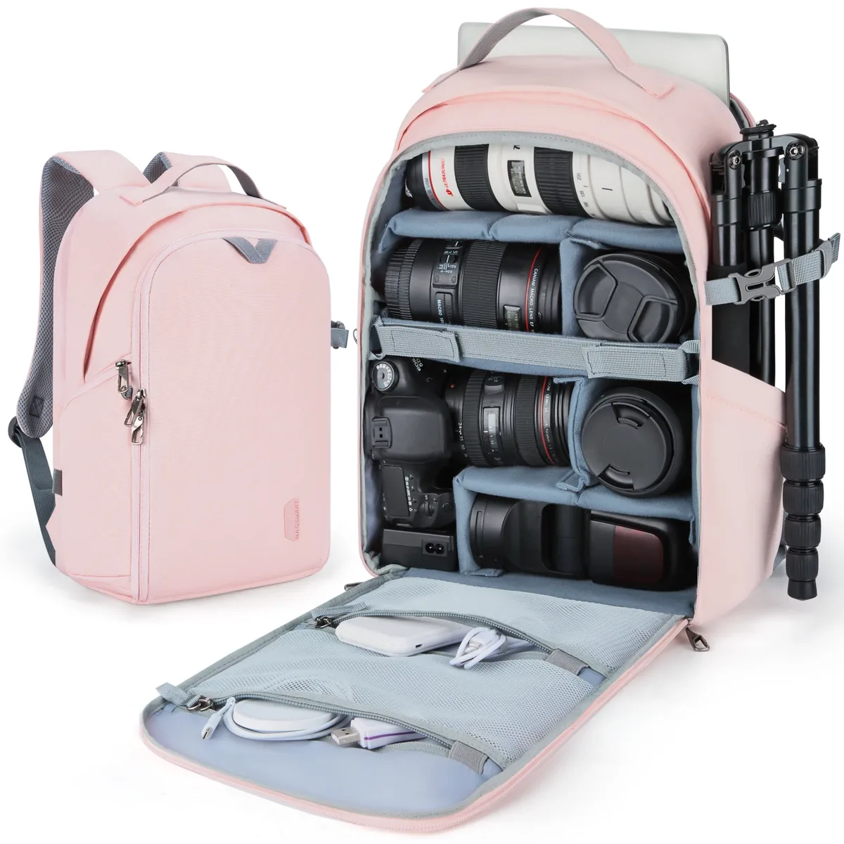 sac dos toile rose compartiments multifonction appareil photo objectifs accessoires voyage extérieur trépied fixation