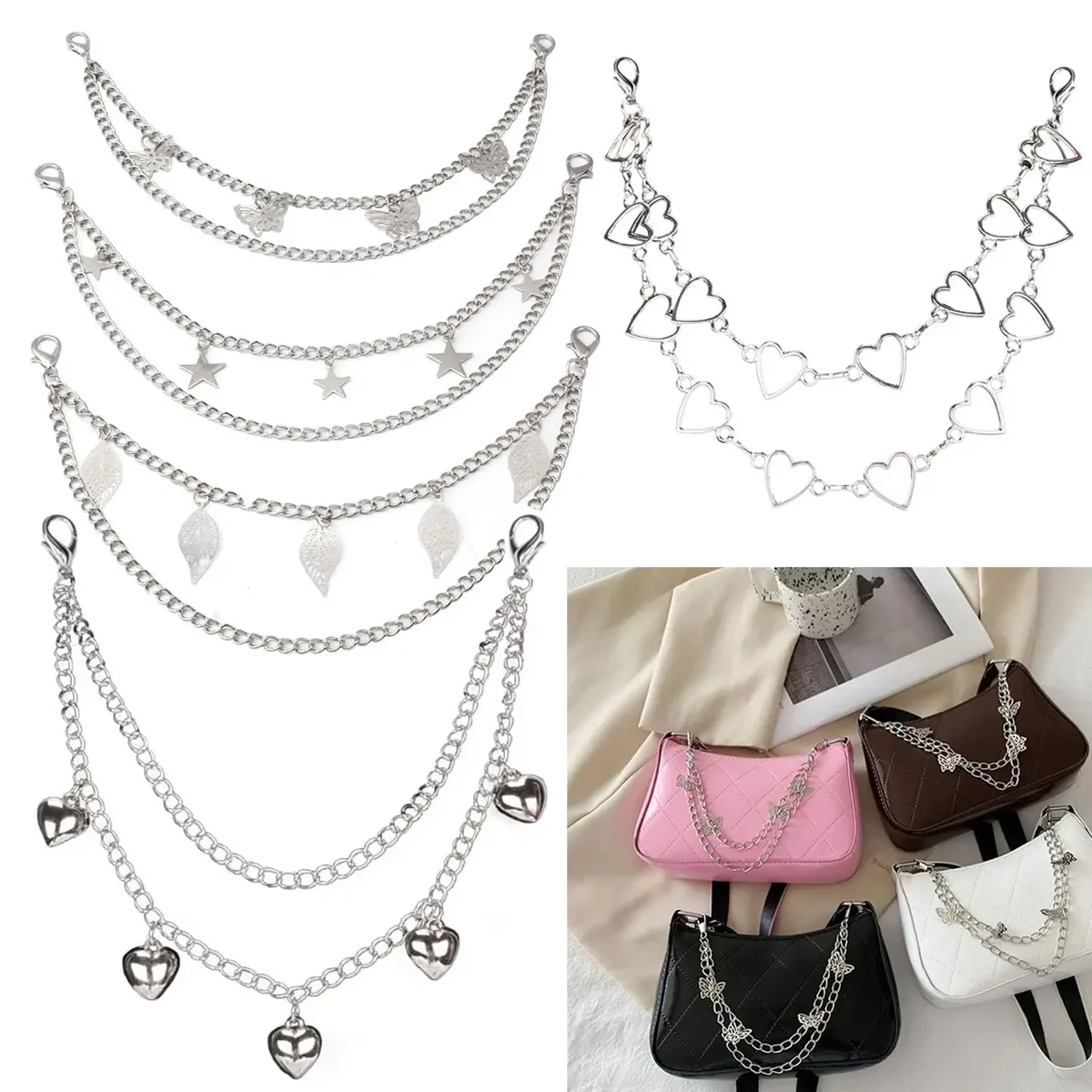 y2k – sangle en chaîne de perles en métal pour sacs, chaîne de sac multicouche pour sac à main, poignées de bricolage, pendentif étoile, sac à bandoulière, accessoires de chaîne