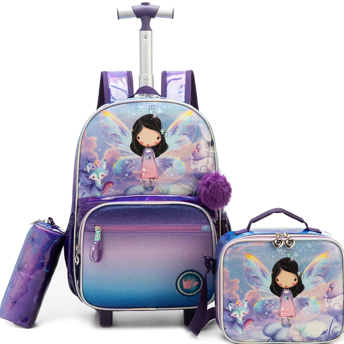 sac dos polyester dessin animé rose bleu queue sirène poissons ordinateur compartiments roues silencieuses école enfants