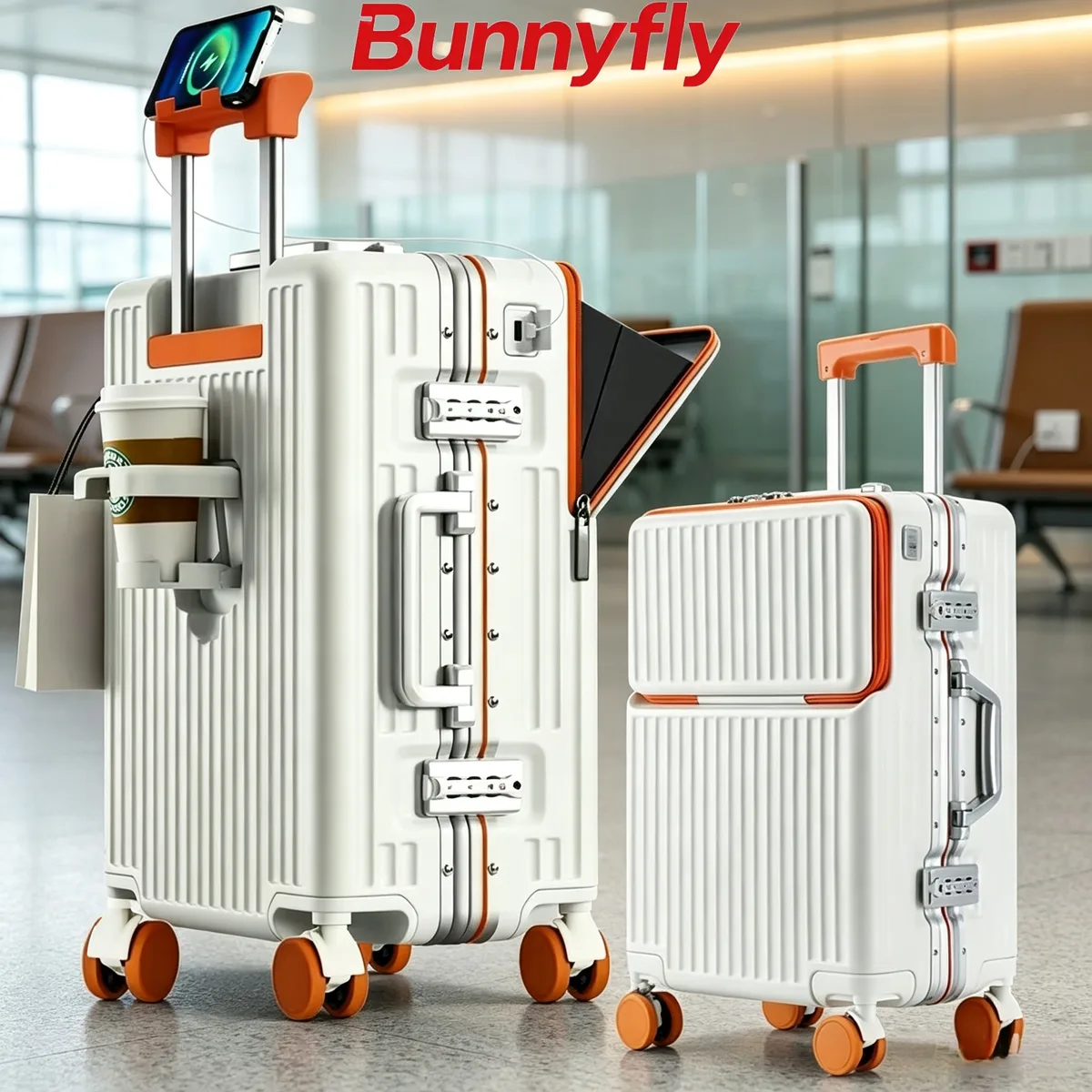 valise de cabine à roulettes avec cadre en aluminium, porte-gobelet usb, ouverture frontale et roues à frein pour une navigation aisée