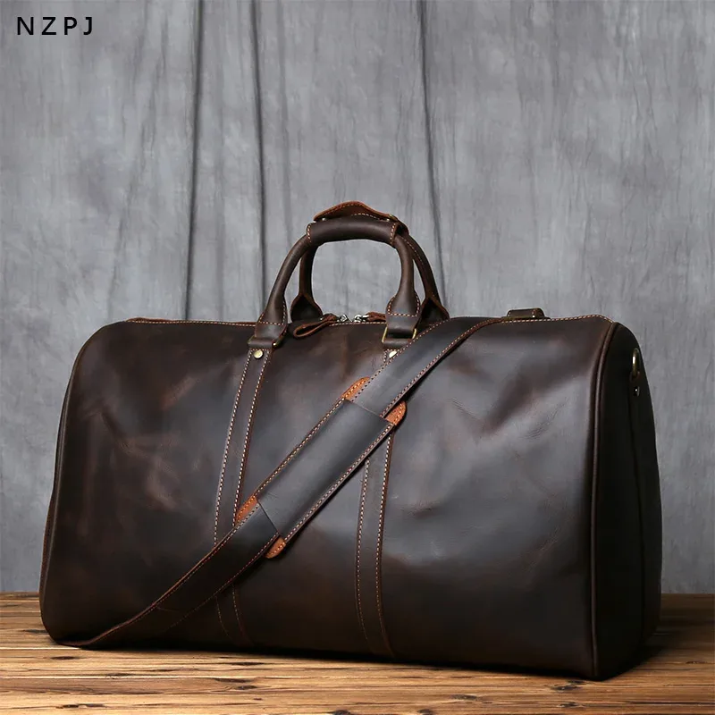 sac de voyage vintage en cuir véritable pour homme nzpj, grande capacité, sac à main en cuir crazy horse, sac à bandoulière en cuir de vache naturel