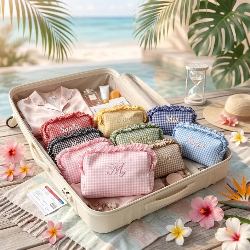 pochette à maquillage personnalisée avec une délicate bordure à volants, jolie pochette cosmétique coréenne douce, idéale pour un usage quotidien ou en vacances, cadeau pour demoiselle d'honneur