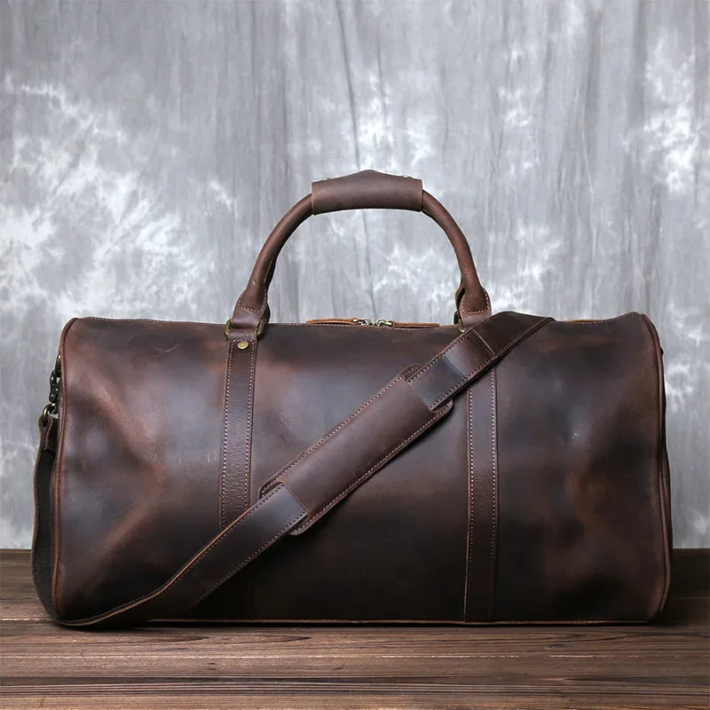 sac de voyage vintage en cuir véritable pour hommes, grande capacité, bandoulière horizontale en cuir de cheval fou, valise portable