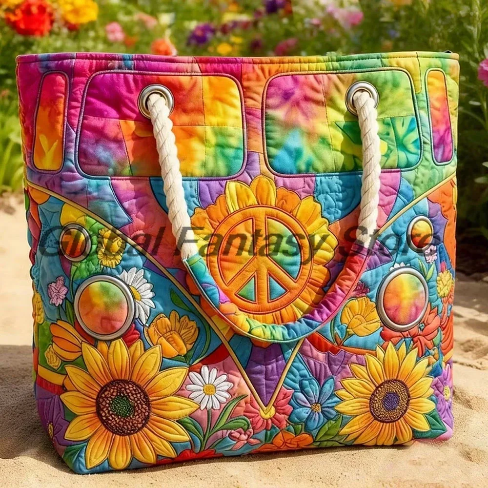 sac de plage matelassé style hippie vintage, sac à bandoulière bohème avec imprimé floral et signe de la paix, sac à main quotidien pour hommes et femmes, sac de shopping