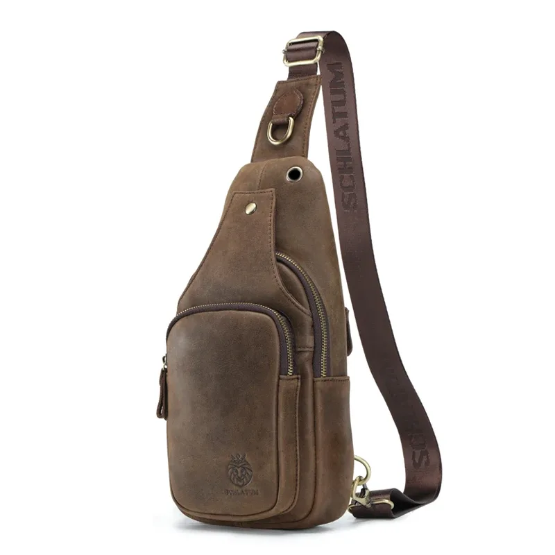 schlatum 100% sac de poitrine en cuir véritable décontracté triangle bandoulière conception voyage épaule sac à dos hommes en cuir sac multifonctionnel