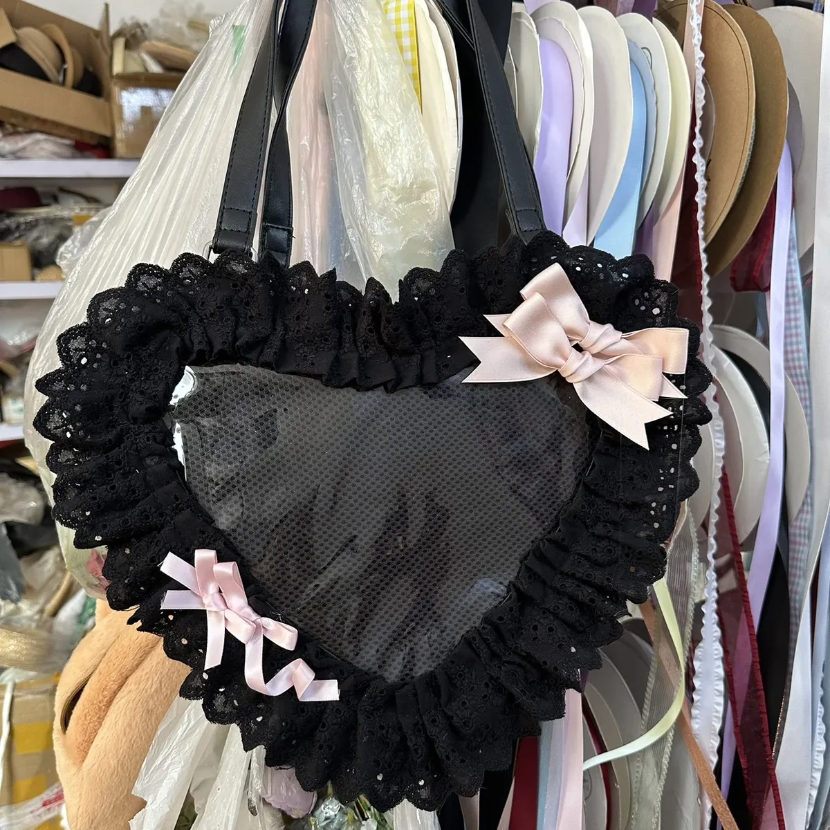 lolita fait à la main amour coeur dentelle fleur mignon sac à bandoulière douce fille étudiants arc fourre-tout sacs à main