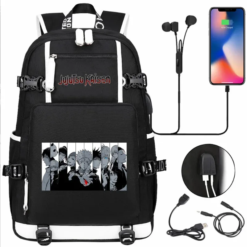 jujutsu kaimmer-sacs à dos college pour hommes et femmes, cartable anime pour adolescents, port de charge usb décontracté, sacs d'extérieur pour ordinateur portable, noir, mochila