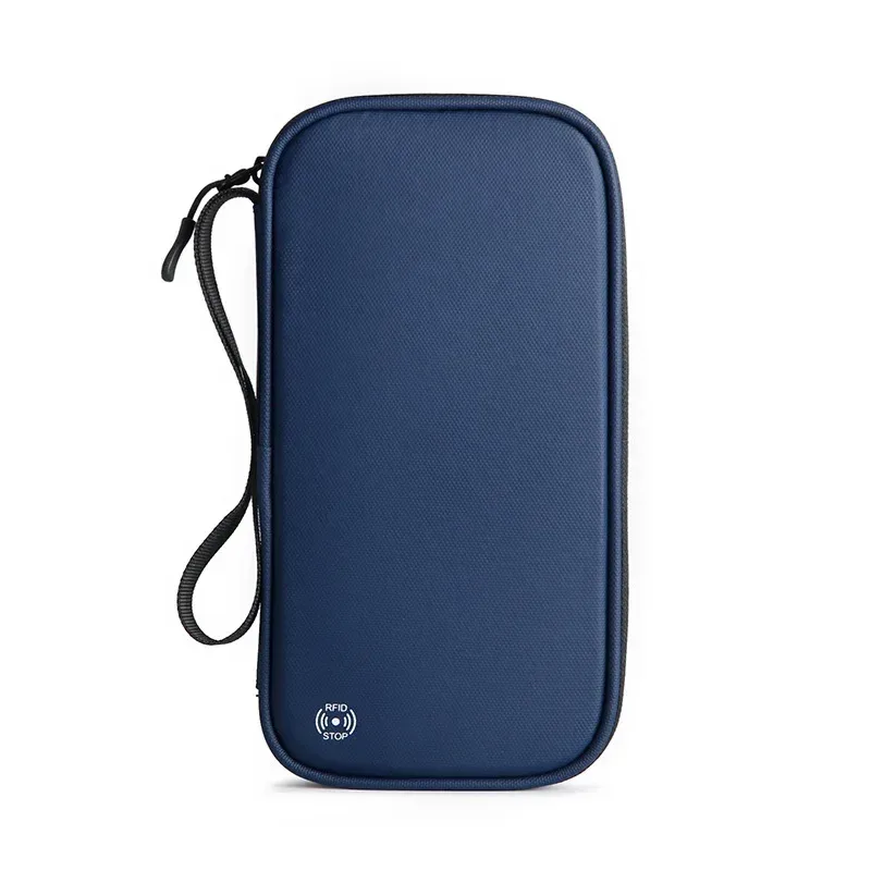 pochette voyage polyester bleu compartiments documents billets cartes porte monnaie bloc rfid organisateur famille transport pratique