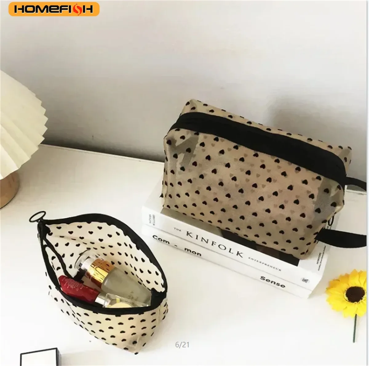 homefish trousse de toilette transparente en maille à motif cœur, pochette de rangement multifonctionnelle portable pour femmes, pour le rangement des rouges à lèvres