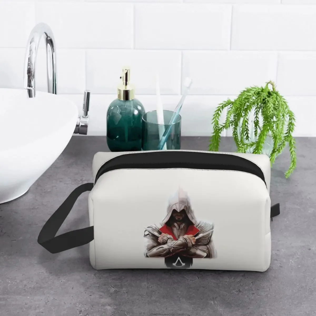 trousse polyester motif géométrique figure blanc rouge epée classique imperméable cosmétique voyage sacoche maquillage
