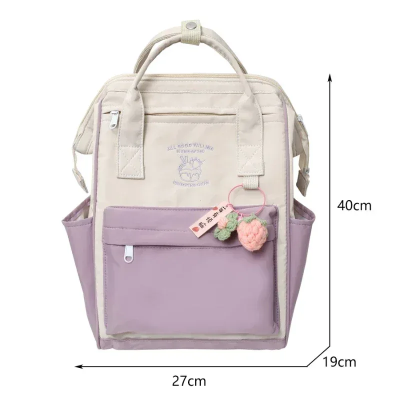 sac dos nylon pastel beige violet bandoulière ouverte motif fruits poche avant voyage loisirs