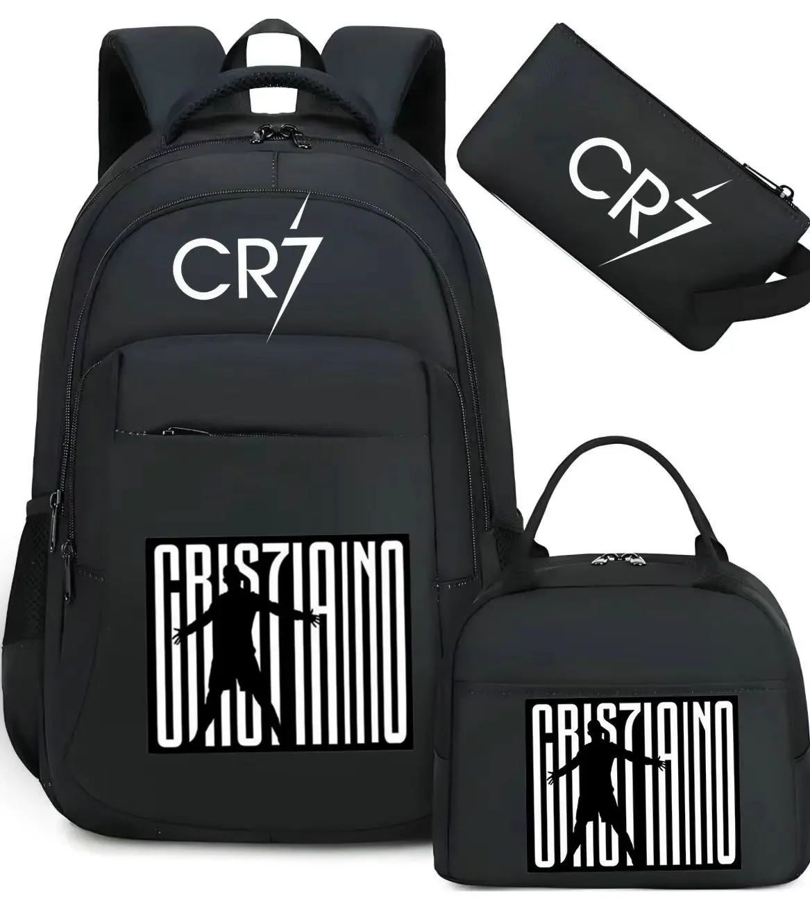 sac polyestere noir motif graphique sac dos pochette lunch cr7 cristiano voyage école adolescents femmes hommes