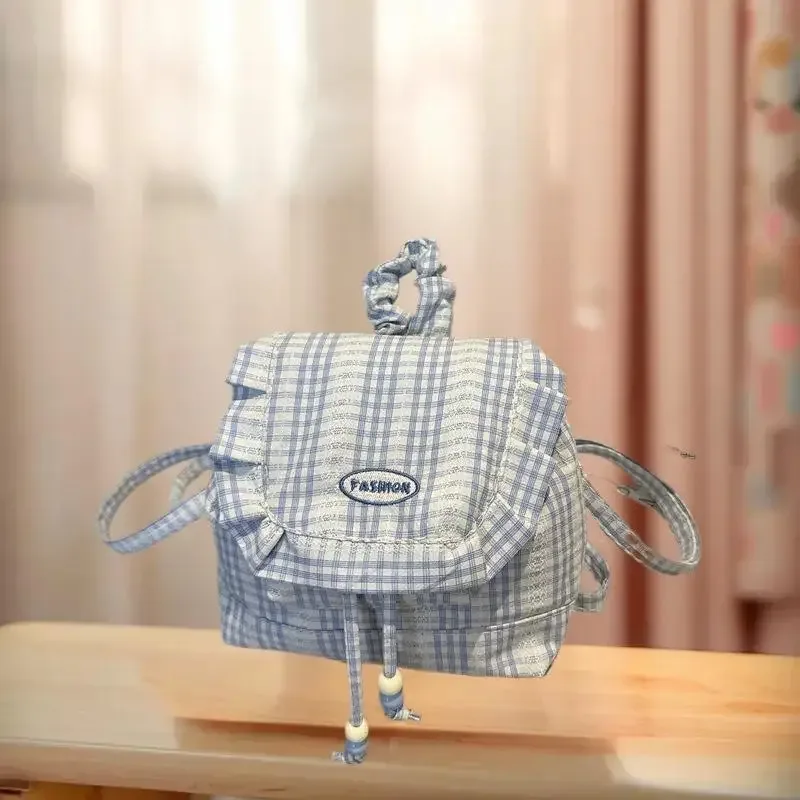 sac à nœud de grande capacité, sac à dos fonctionnel en toile à carreaux en dentelle de style coréen pour les voyages et les livres