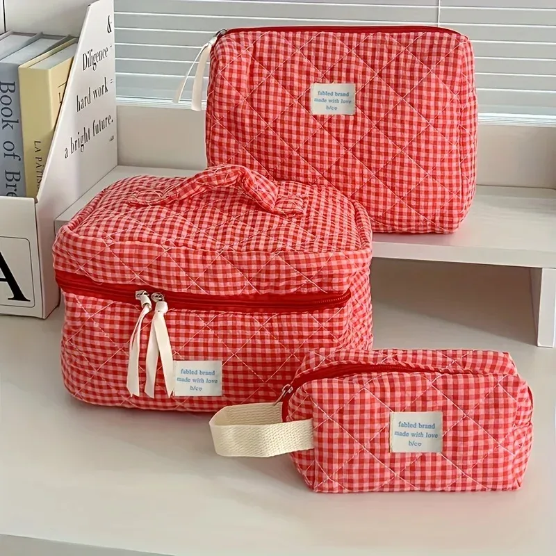 trousse de maquillage à carreaux, sac à cosmétiques portable de grande capacité pour femmes et filles, trousse de toilette de soins de la peau, pochette portefeuille multifonctionnelle mignonne